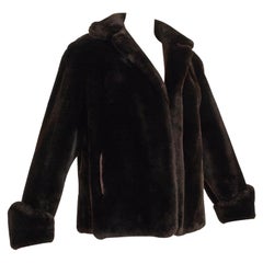 Braune Braune Mouton Pelzjacke mit Teddybär-Puffjacke und Spitzenmanschetten - L, 1950er Jahre