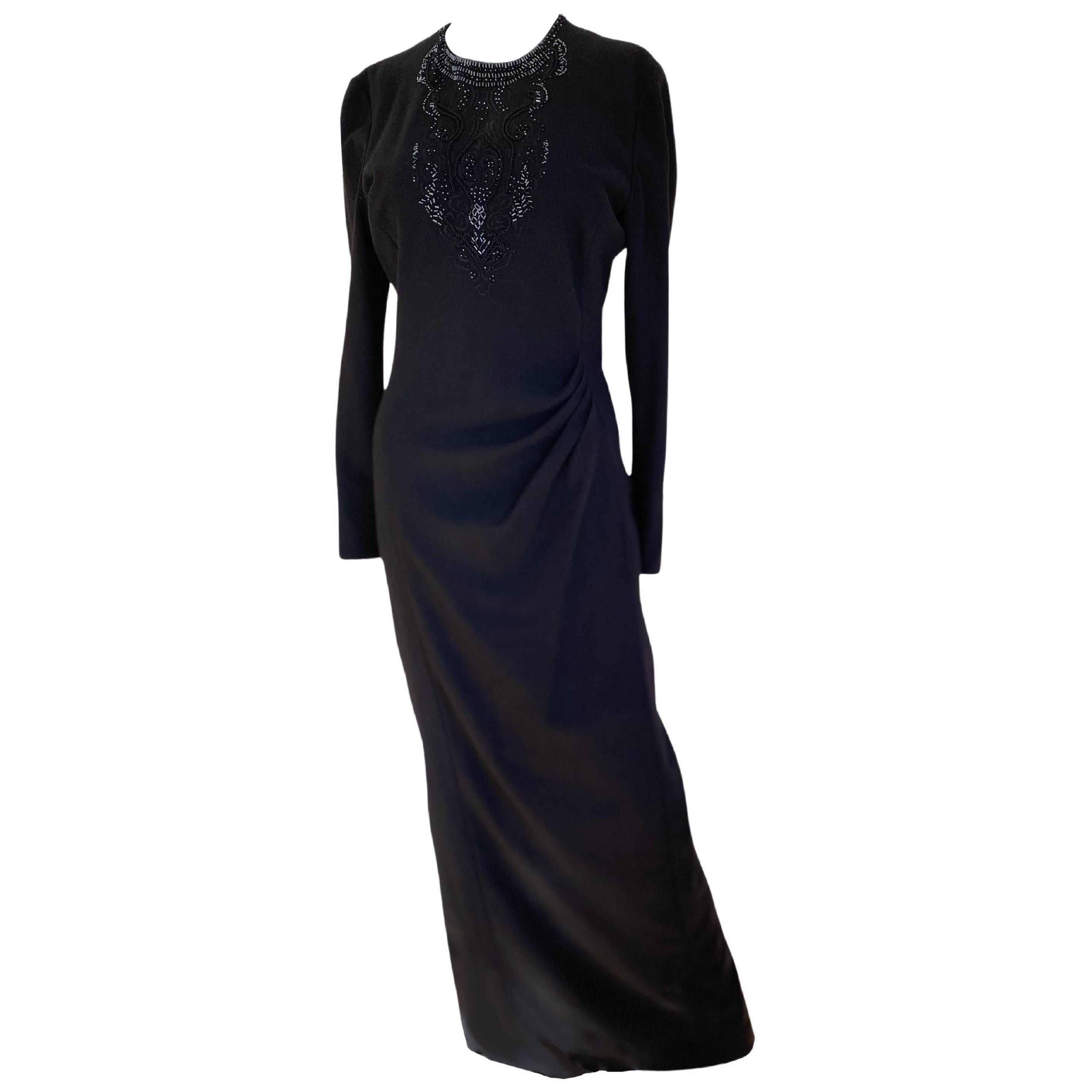 Emmanuelle Khanh Made in France Embellished Black Worsted Wool Maxi Draped Dress For Sale