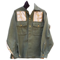 Vintage Designer Silk Repurposed Green Military Jacket J Dauphin
