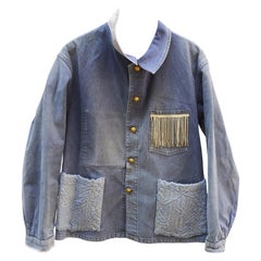 Light Blue Distressed Jacket French Work Wear Repurposed Fringe Wool Blue Tweed