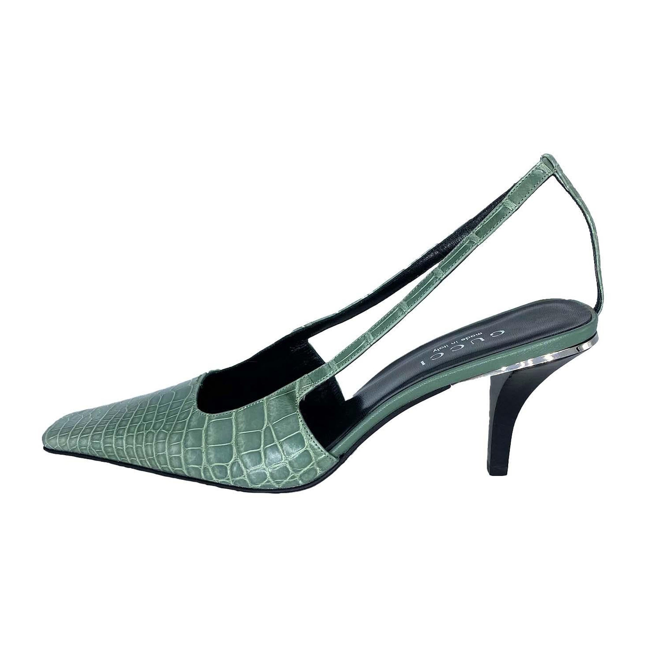 S/S 1998 Gucci by Tom Ford Green Alligator Crystal G Square Toe Kitten Heels NWT