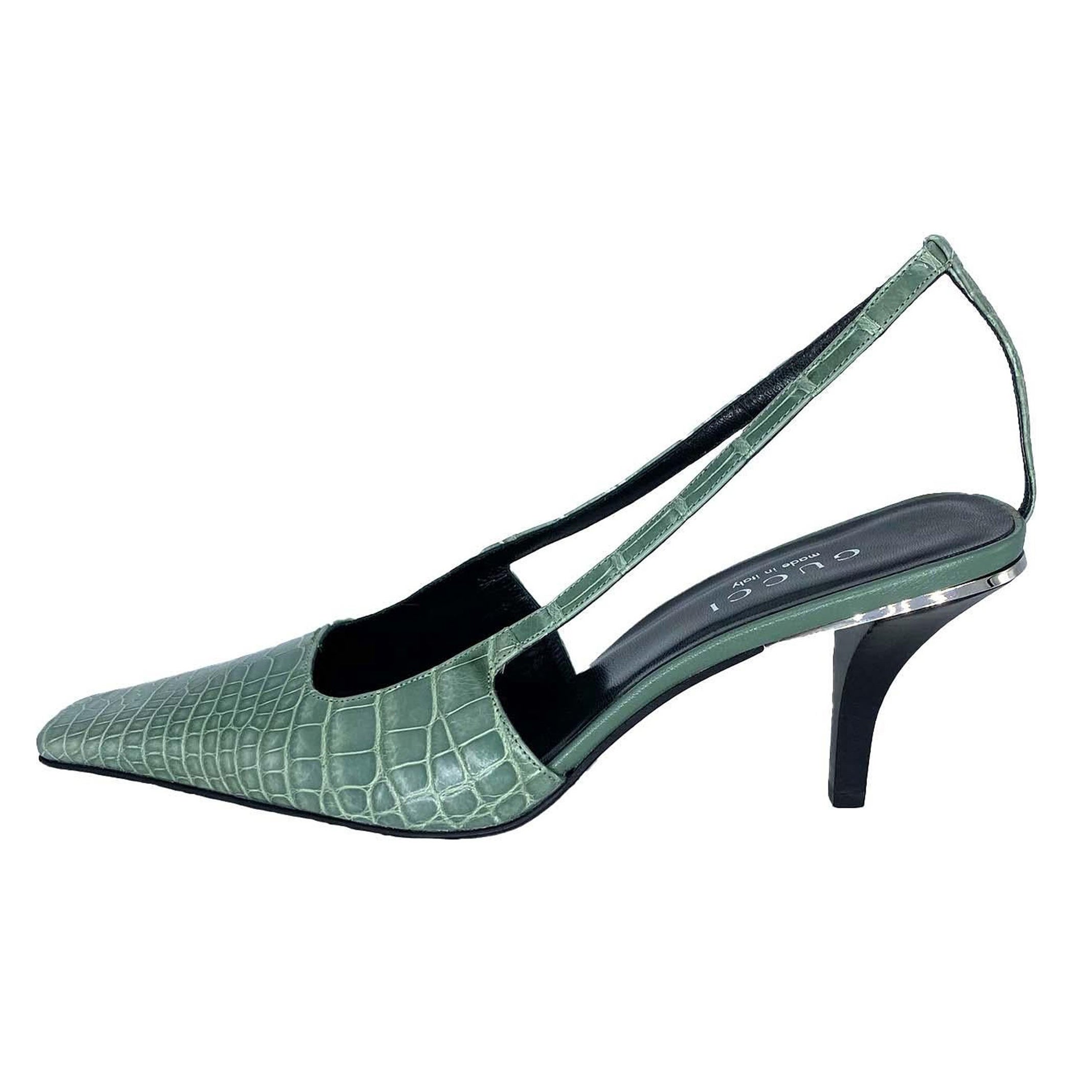 S/S 1998 Gucci by Tom Ford Green Alligator Crystal G Square Toe Kitten Heels NWT
