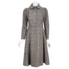 Vintage 1970's Ossie Clark Couture Gray Plaid Wool Pleated Princess Dress Coat