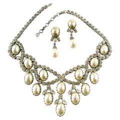 Large clear paste, baroque pearl necklace and earrings, Schreiner of NY, 1960s