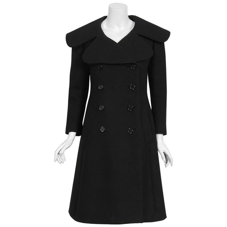 Vintage 1968 Norman Norell Black Wool Over-Sized Collar Double Breasted Mod Coat For Sale