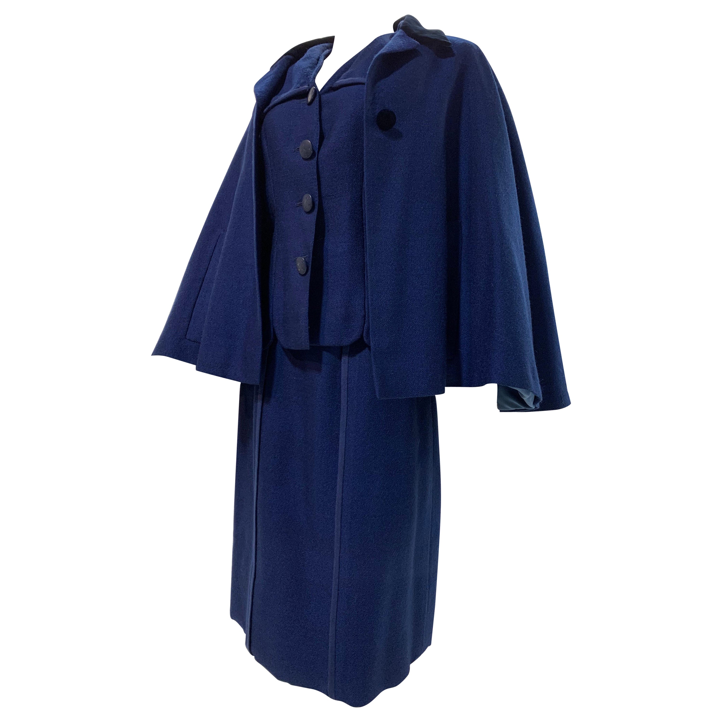 1940s Creed of London Finely Tailored Couture Royal Blue Skirt Suit w/ Caplet  For Sale