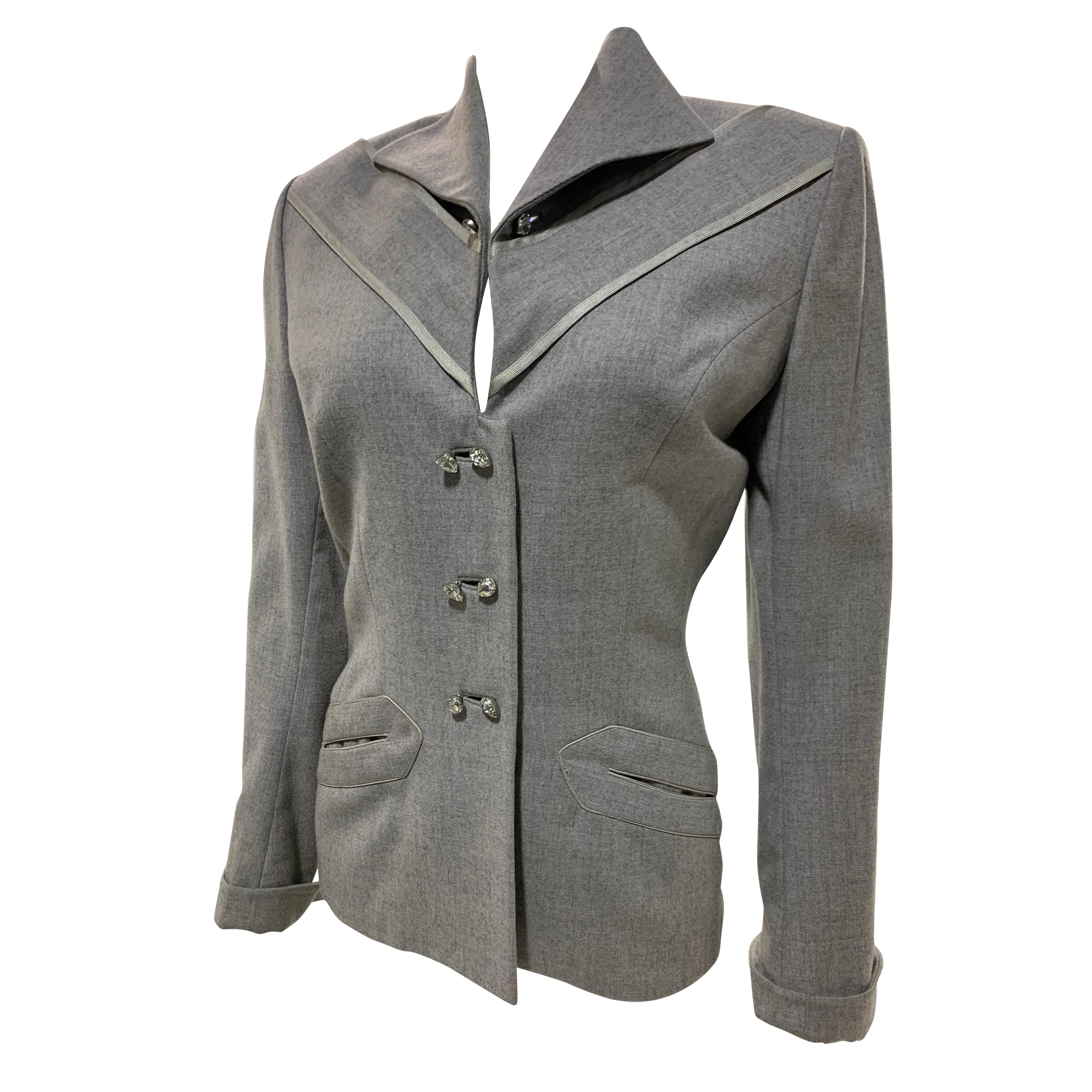 1950s Lilli Ann Gray Heathered Wool Jacket w/ Jeweled Buttons & Satin Piping For Sale