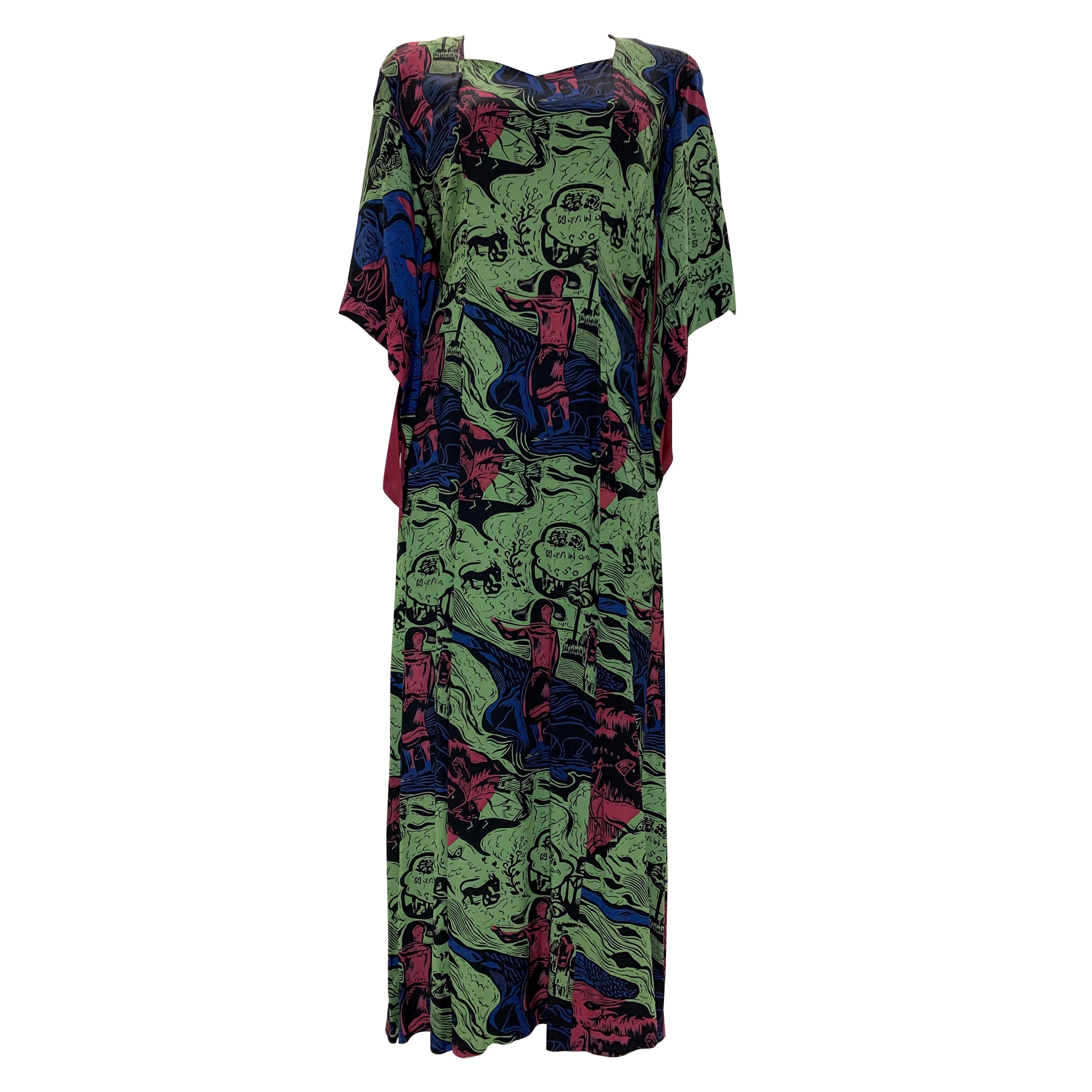 1940s Kamehameha Graphic Figural Print Rayon Dress in Polynesian Style