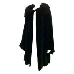 1920s Art Deco Black Silk Velvet Evening Coat w/ Lush Padded Ruched Collar