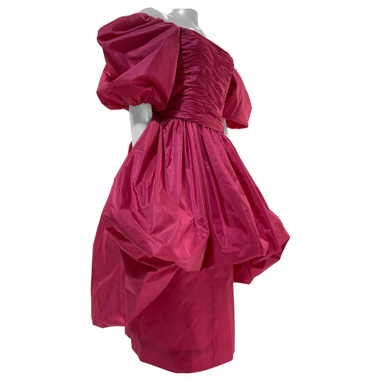 1980s Alfred Bosand Hot Pink Taffeta Bubble Cocktail Dress w/ Voluminous Sleeve For Sale