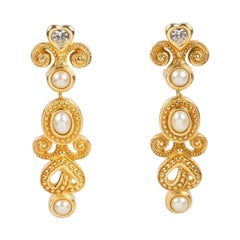 Christian Dior Dangle Clip Earrings Gilt Metal and Pearl