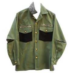 Embellished Military Jacket Green Silver Sequin Silver Collar Black Tweed
