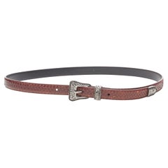 Used SAINT LAURENT Western silver metal buckle brown scaled leather belt 32" 36"