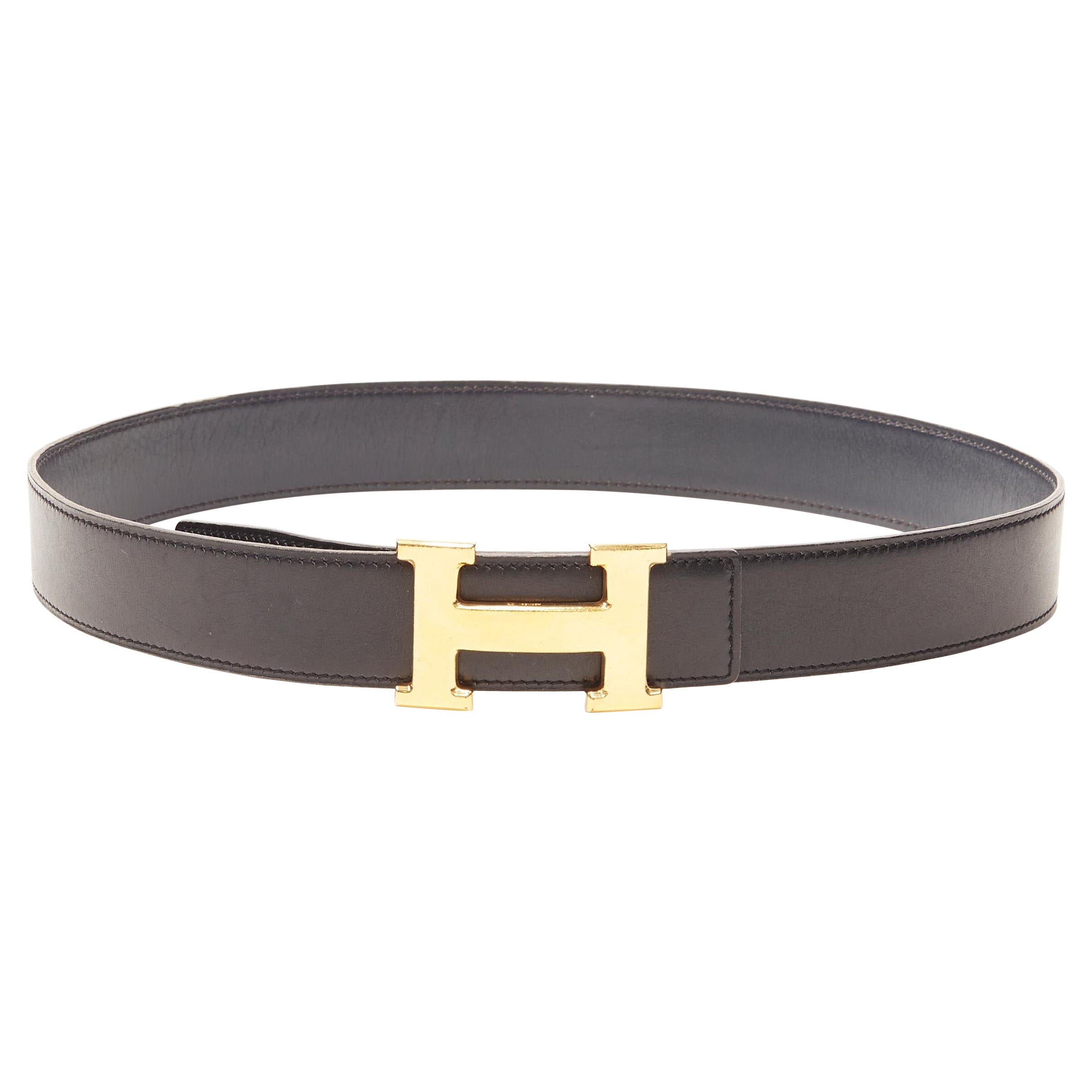 HERMES black leather hammered gold-tone H metal buckle leather belt FR 70