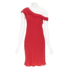 VERA WANG 100% silk red pleated one shoulder flutter cocktail dress US2 XS