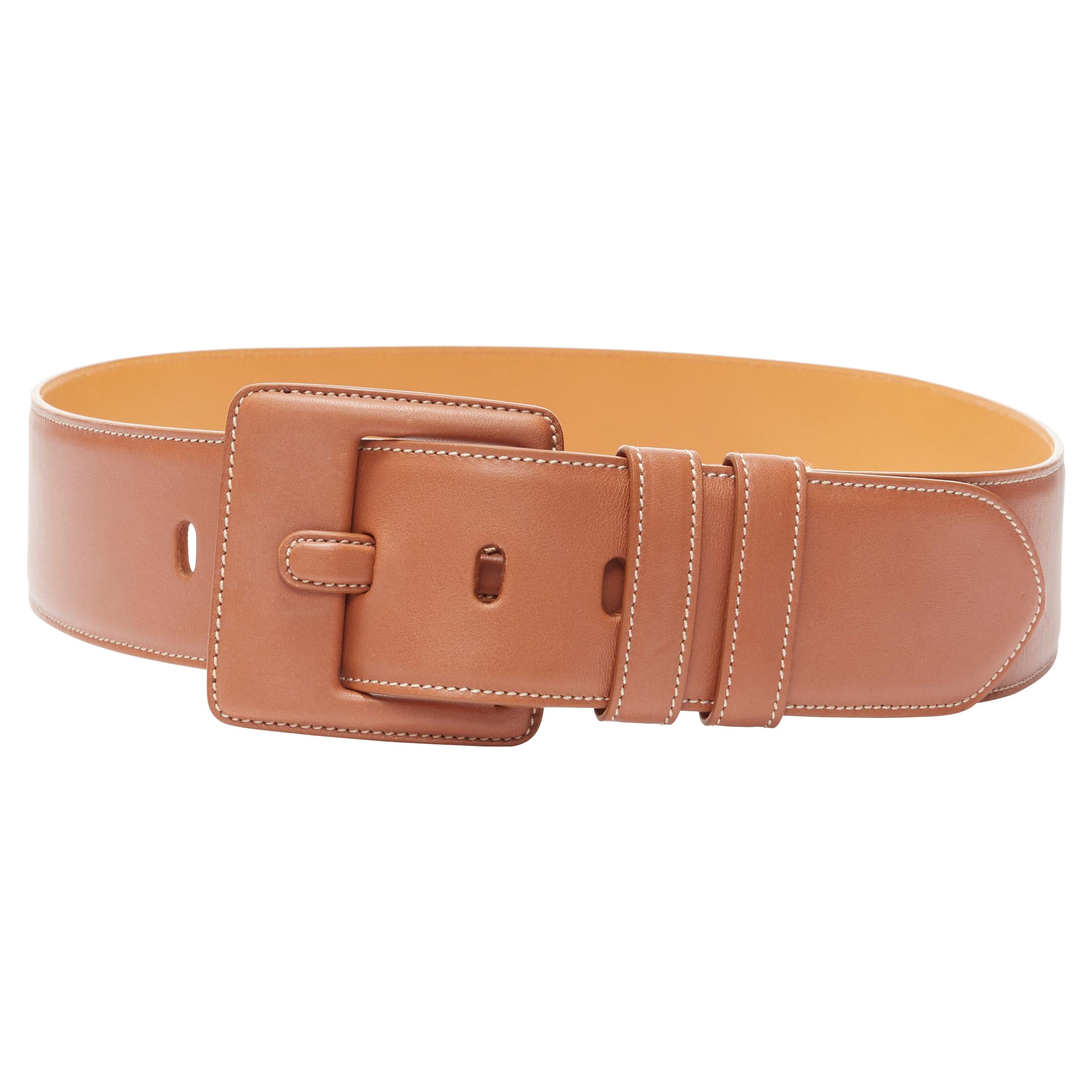 RALPH LAUREN tan brown overstitched leather buckle thick waist belt XS 27"  at 1stDibs