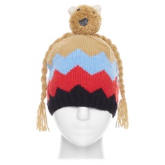 rare WALTER VAN BEIRONDONCK brown blue red chevron teddy bear beanie hat