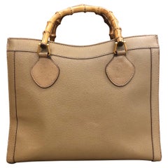 1990s Gucci Khaki Leather Bamboo Tote Princess Diana Tote (Medium