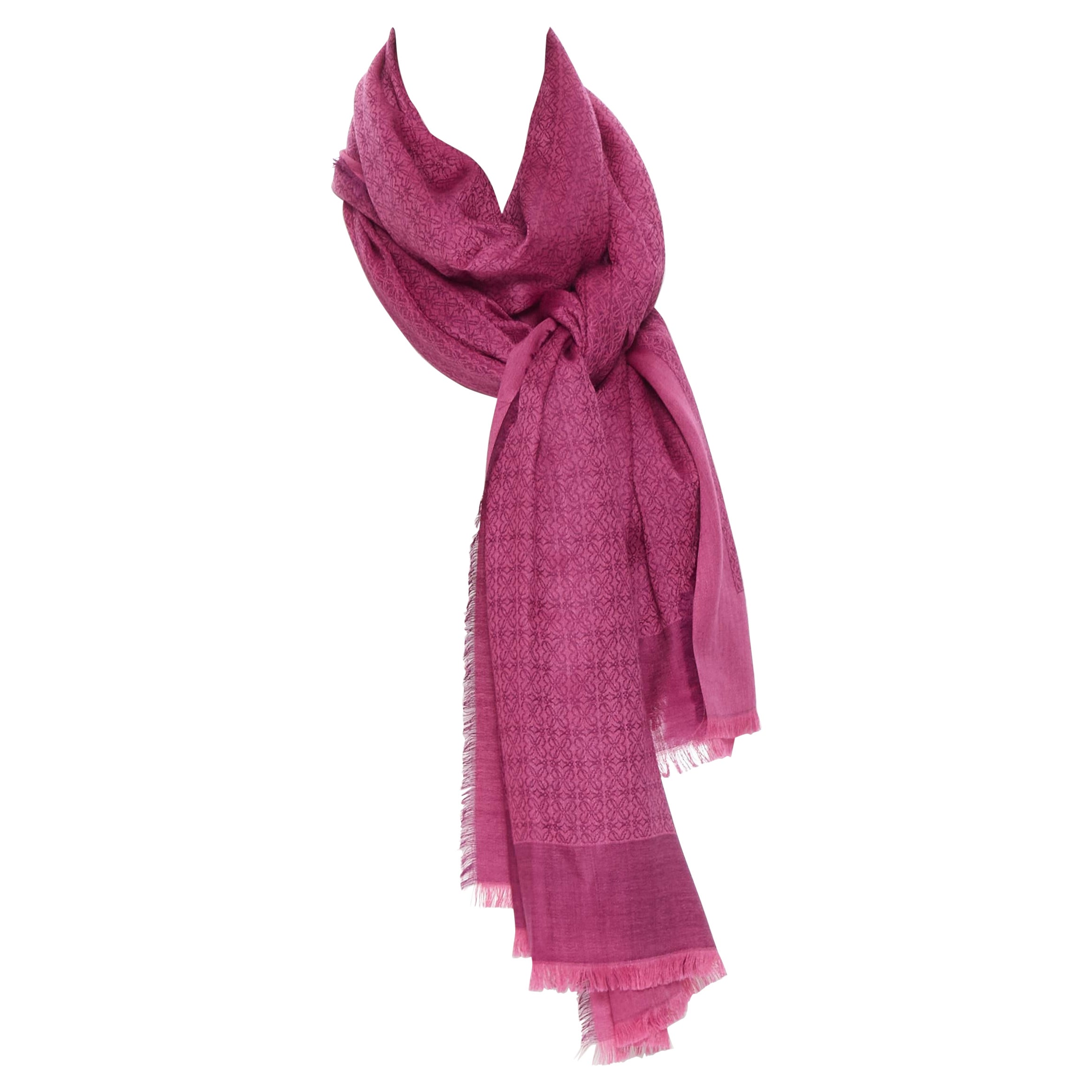 LOEWE wool silk cashmere blend Anagram monogram logo pattern frayed scarf
