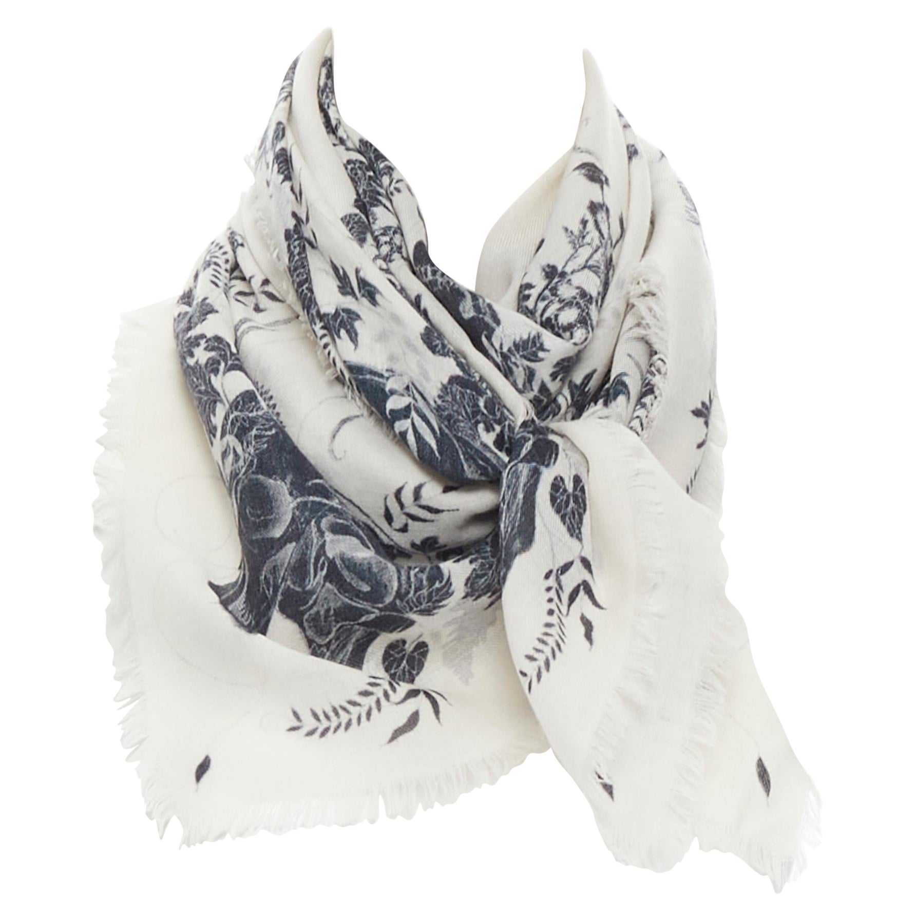 ALEXANDER MCQUEEN silk wool black white sull floral bordered print frayed scarf