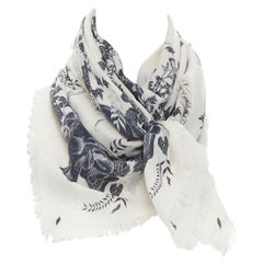 ALEXANDER MCQUEEN silk wool black white sull floral bordered print frayed scarf