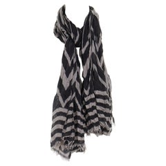 LOUIS VUITTON cashmere silk blend grey black chevron stripe logo frayed scarf