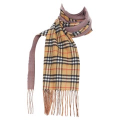 new BURBERRY 100% cashmere brown House Check purple lining fringe scarf