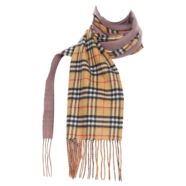 new BURBERRY 100% cashmere brown House Check purple lining fringe scarf For  Sale at 1stDibs