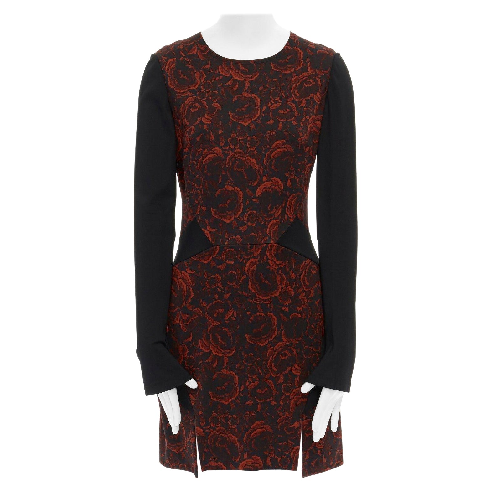 JUST CAVALLI red floral print black panelled dual slit bodycon cocktail dress S