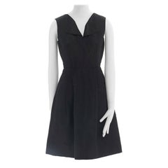 OSCAR DE LA RENTA black silk fold over collar fitted waist flared dress US0 XS