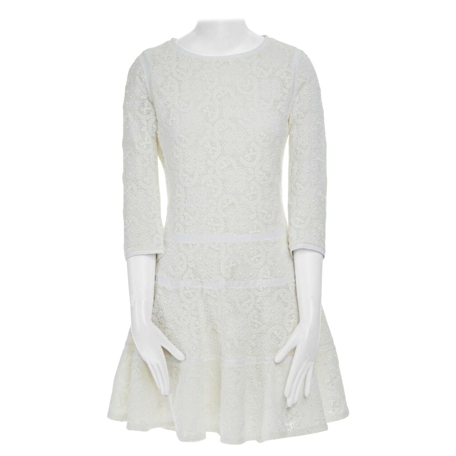 SEE BY CHLOE cream floral embroidered cotton 3/4 sleeves flared cocktail dress S