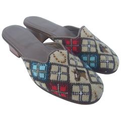 Charming Needlepoint Equine Slipper Shoes Made in Italy c 1980