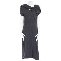 Y's YOHJI YAMAMOTO grey wool twisted draped neckline gathered waist dress L