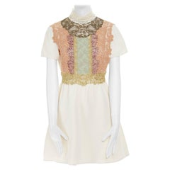 VALENTINO cream wool silk crepe embroidered lace high collar cocktail dress IT42