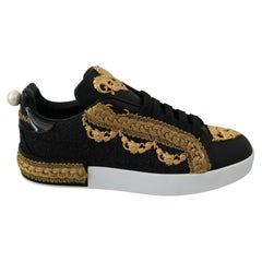 Dolce & Gabbana Gray Black Gold Leather Sneakers Trainers Shoes Baroque Wool 