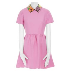 VALENTINO pink wool silk crepe leather patched collar flared cocktail dress IT42