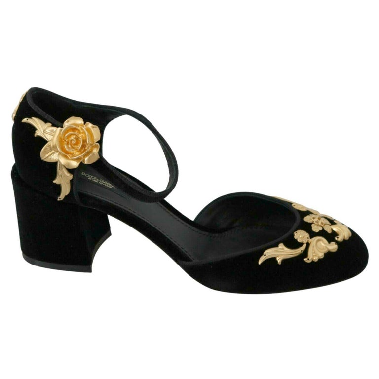 Dolce and Gabbana Black Gold Baroque Velvet Ankle Strap Sandals Shoes Heels  Rose at 1stDibs