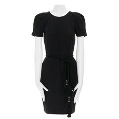 GUCCI black pleated sleeve braided bamboo belted fitted cocktail dress IT40 S