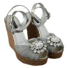 Dolce & Gabbana Silver Leather Ankle Strap Wedge Heels Sandals Shoes Crystals