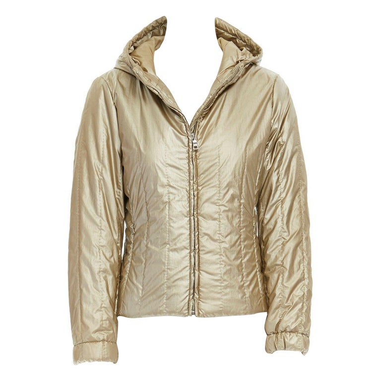 PRADA metallic gold nylon polyester padded hooded fitted winter jacket IT38  XS For Sale at 1stDibs