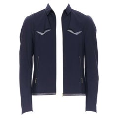 KOLOR navy blue 100% wool raglan sleeves mesh net cut-out slashes zip jacket JP3