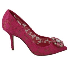 Dolce & Gabbana Pink Fuchsia Lace Heels Pumps Shoes Crystals Leather Sole Floral