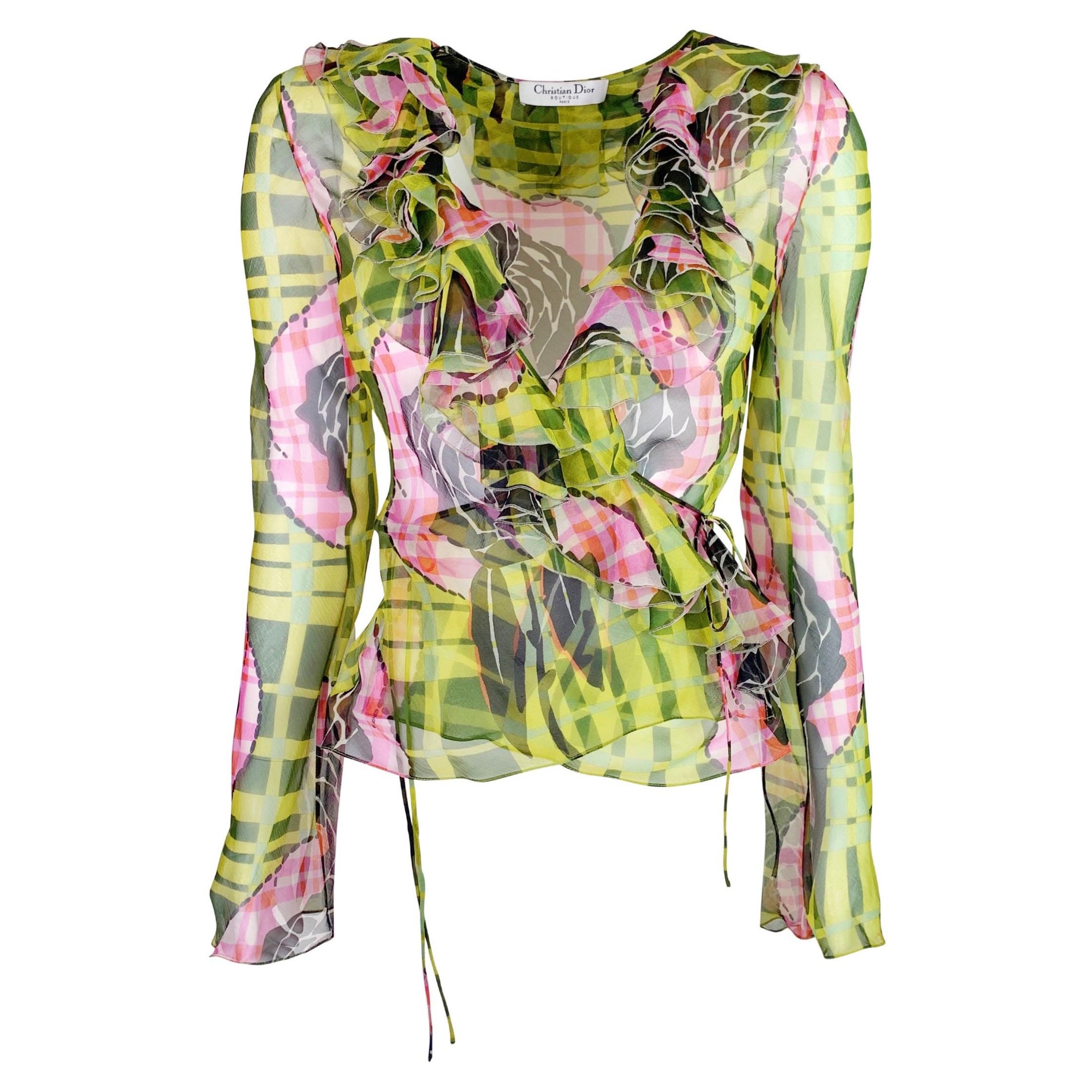 CHRISTIAN DIOR Size XS White & Forest Green Striped Floral Lace Fringe Blouse