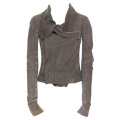 RICK OWENS dark dust grey lambskin drape shawl collar distress biker jacket IT38