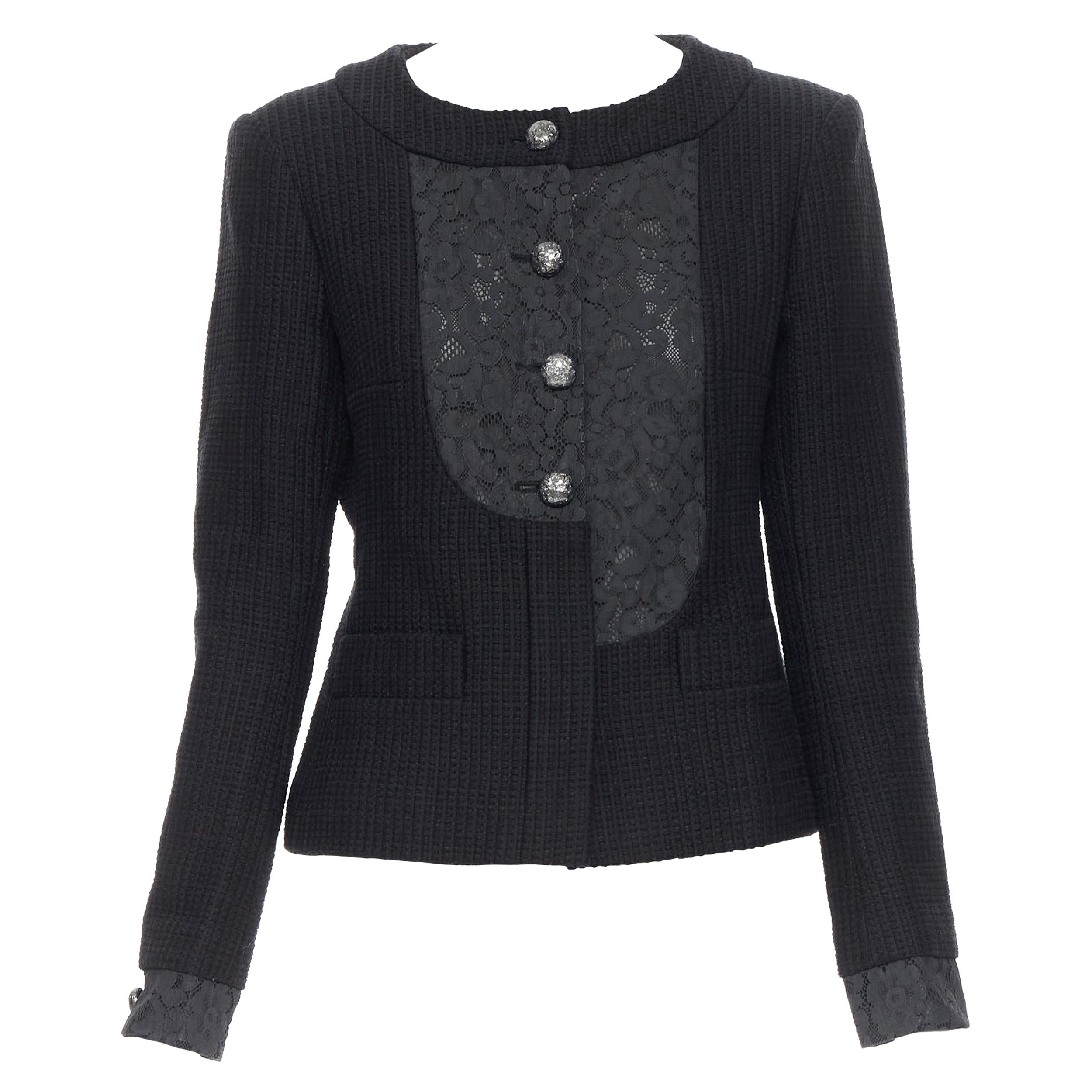 CHANEL black asymmetric lace panel pearl button lattice tweed black jacket FR40