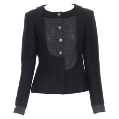 CHANEL black asymmetric lace panel pearl button lattice tweed black jacket FR40