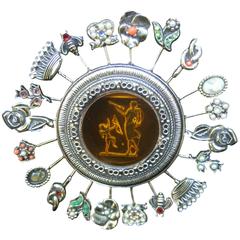 Ornate Intaglio Circular Charm Brooch c 1960