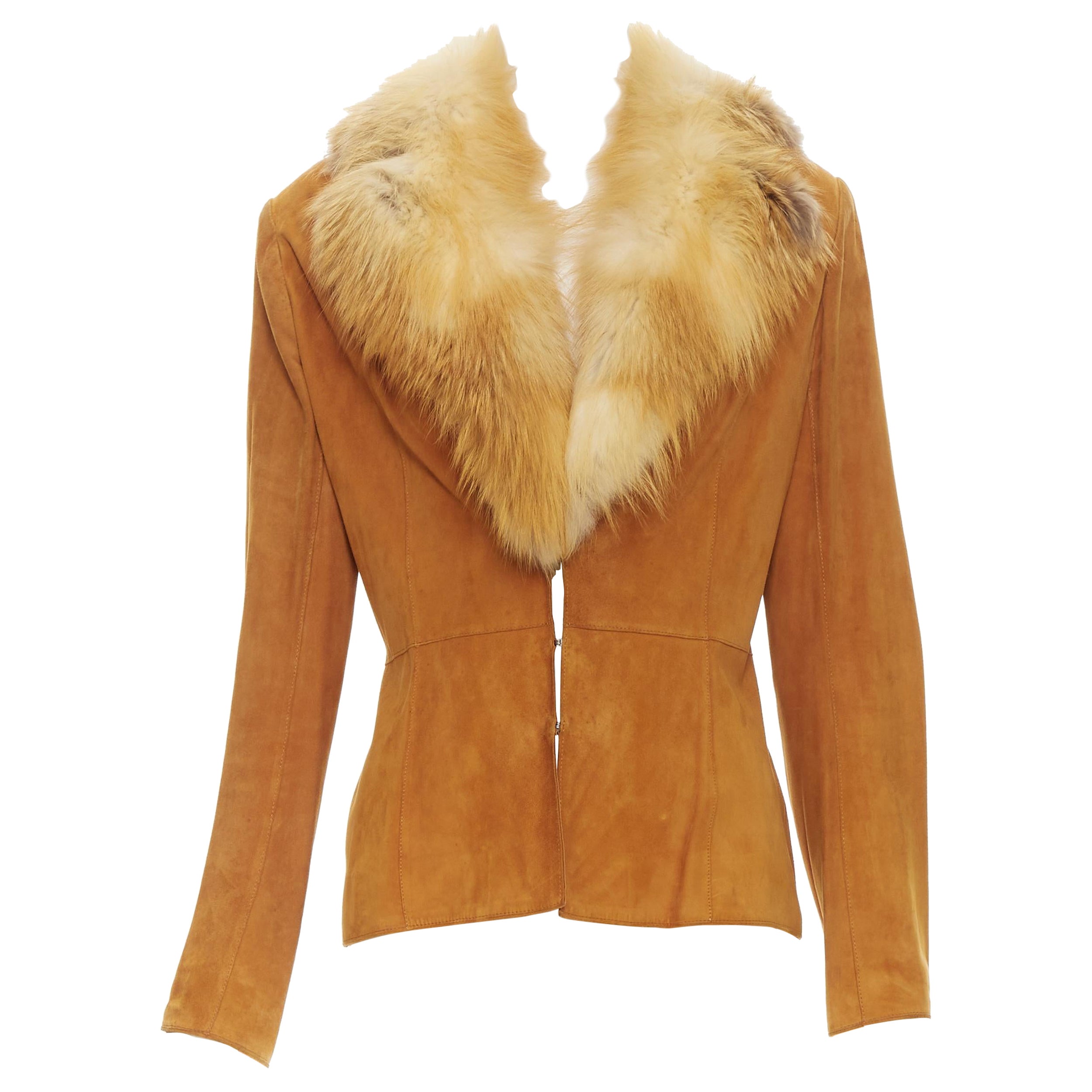 vintage CHRISTIAN DIOR JOHN GALLIANO tan brown suede fox collar jacket FR40 M