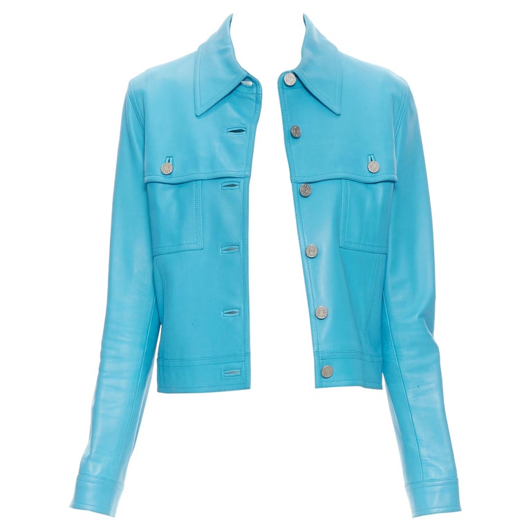 vintage CELINE 100% sky blue lambskin leather short trucker jacket FR40 ...
