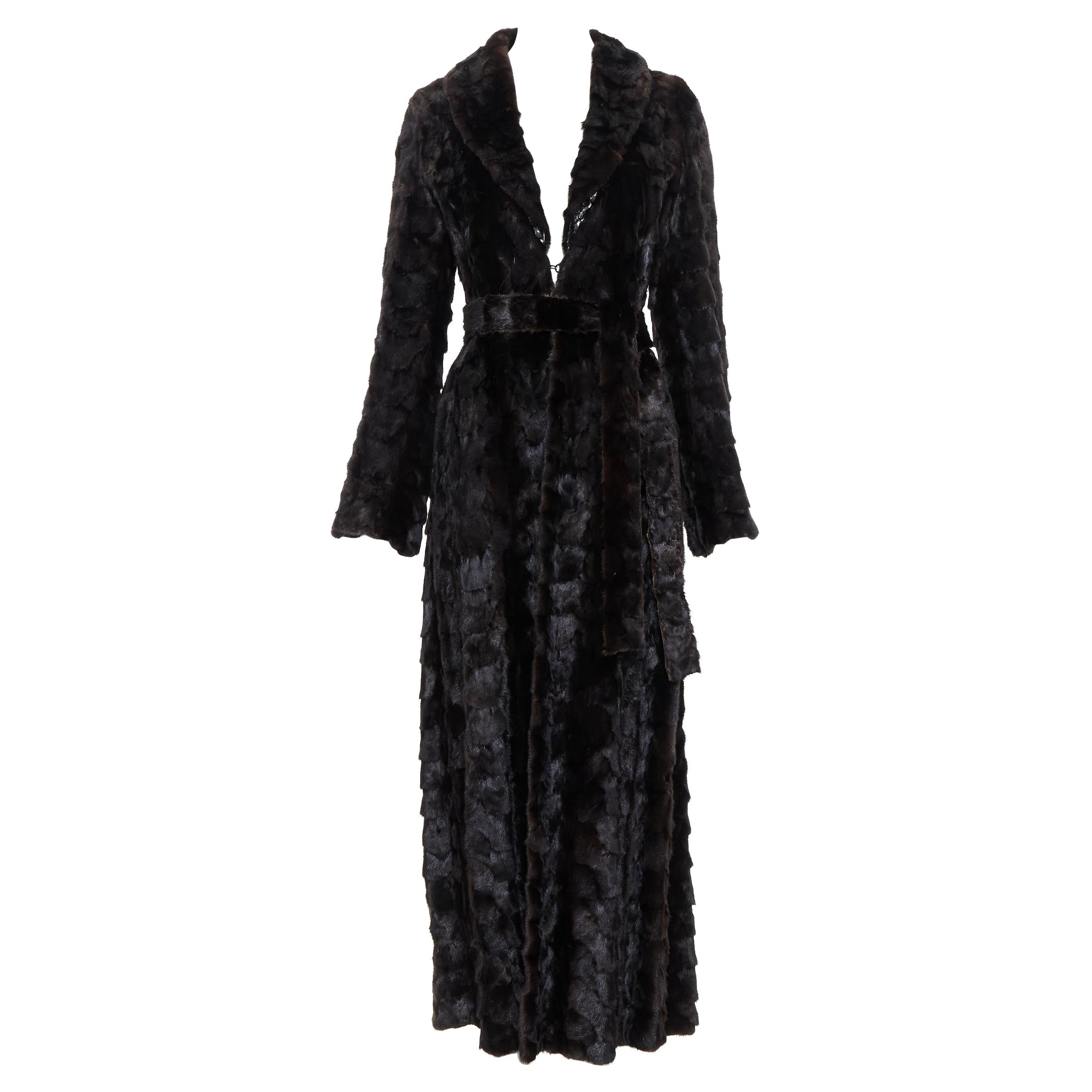 vintage ROBERTO CAVALLI brown patchwork fur snake lined belted robe coat S
